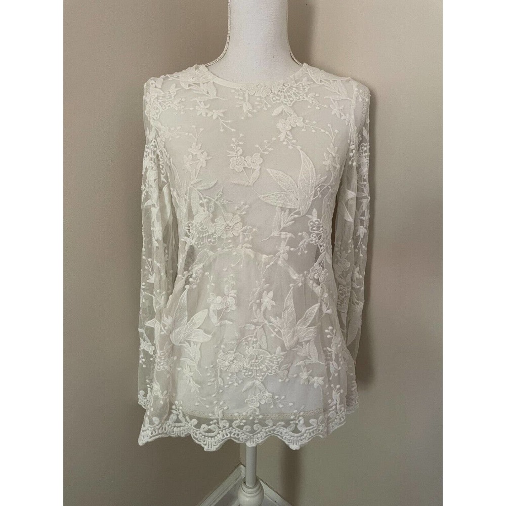 Aqua Womens Sheer Top Mesh Size Small Ivory Floral Flared Sleeve